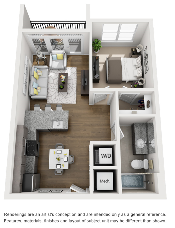 Floor plan for 1 bed, 1 bath, 568 sqft